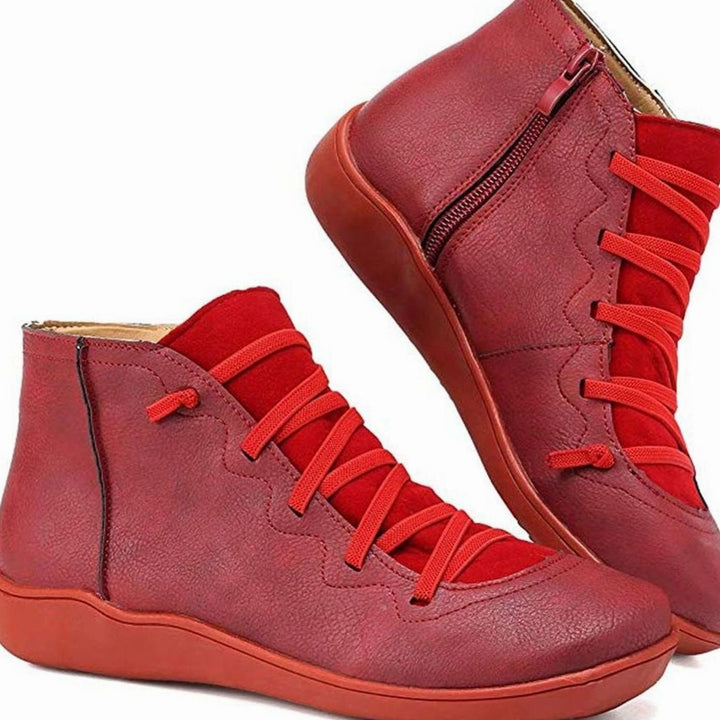 Women's Lace-Up Ankle Boots Comfort Flat Booties - Red