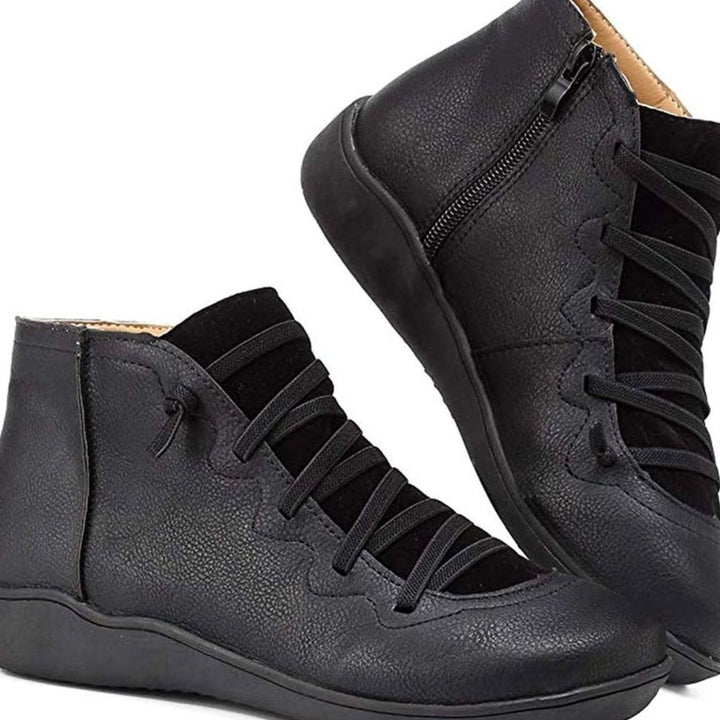 Women's Lace-Up Ankle Boots Comfort Flat Booties - Black