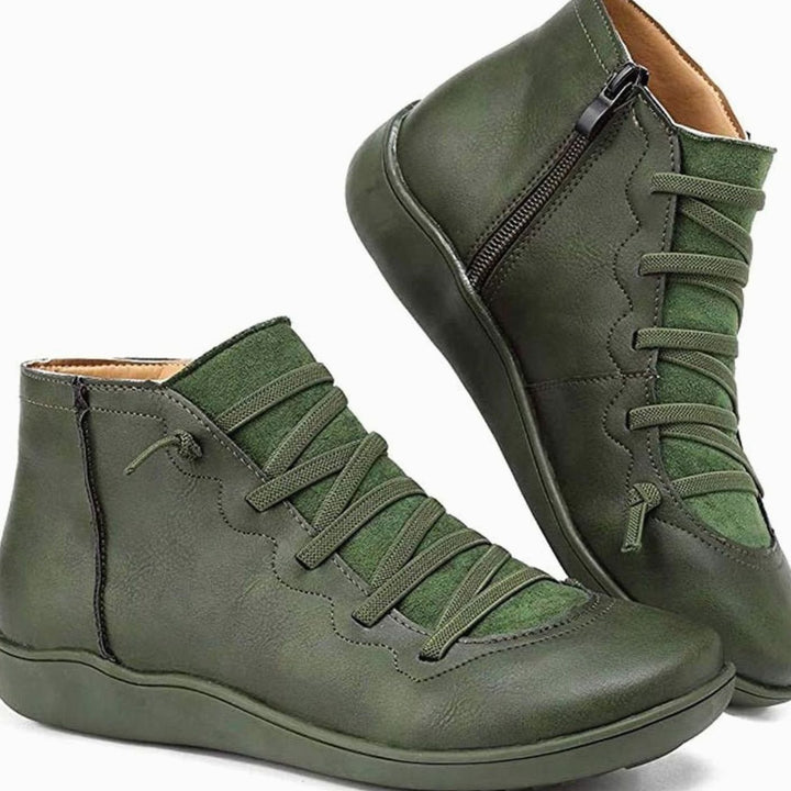 Women's Lace-Up Ankle Boots Comfort Flat Booties - Green