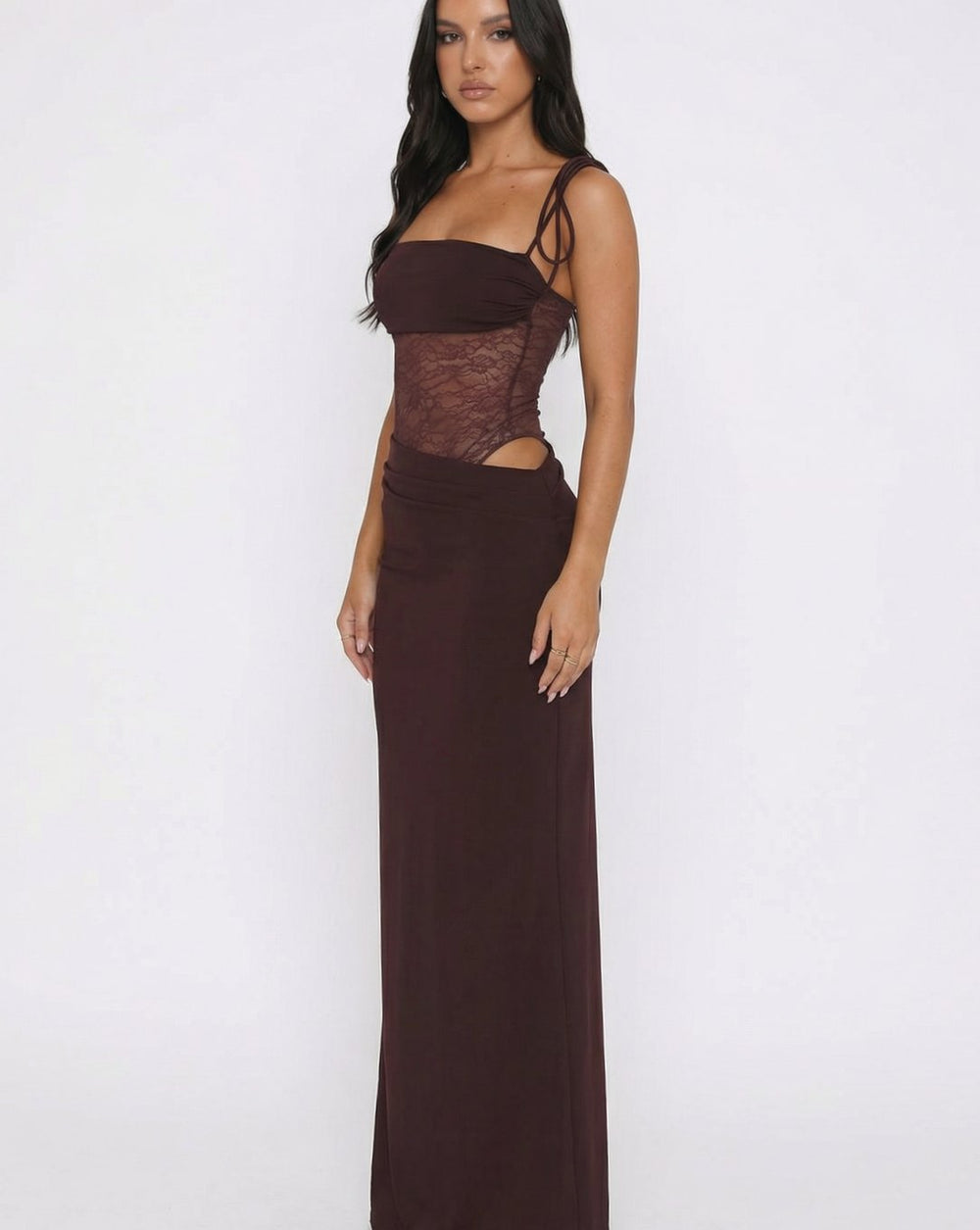 Women's Lace Waist Cut-Out Spaghetti Strap Maxi Dress
