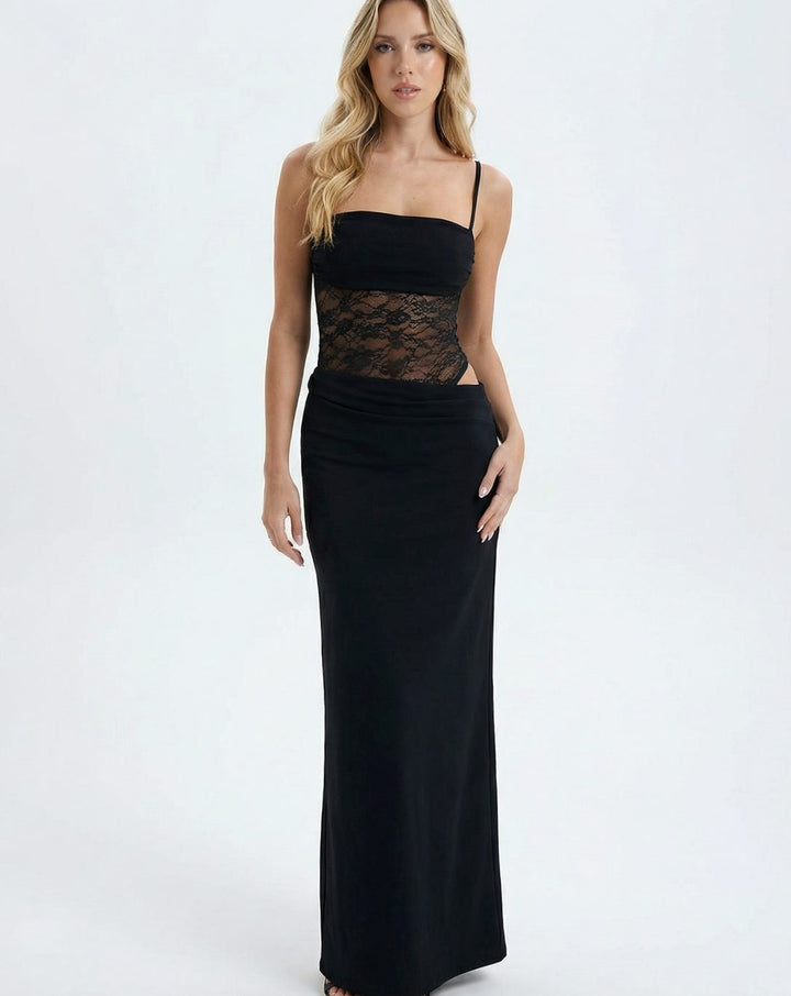 Women's Lace Waist Cut-Out Spaghetti Strap Maxi Dress - Black