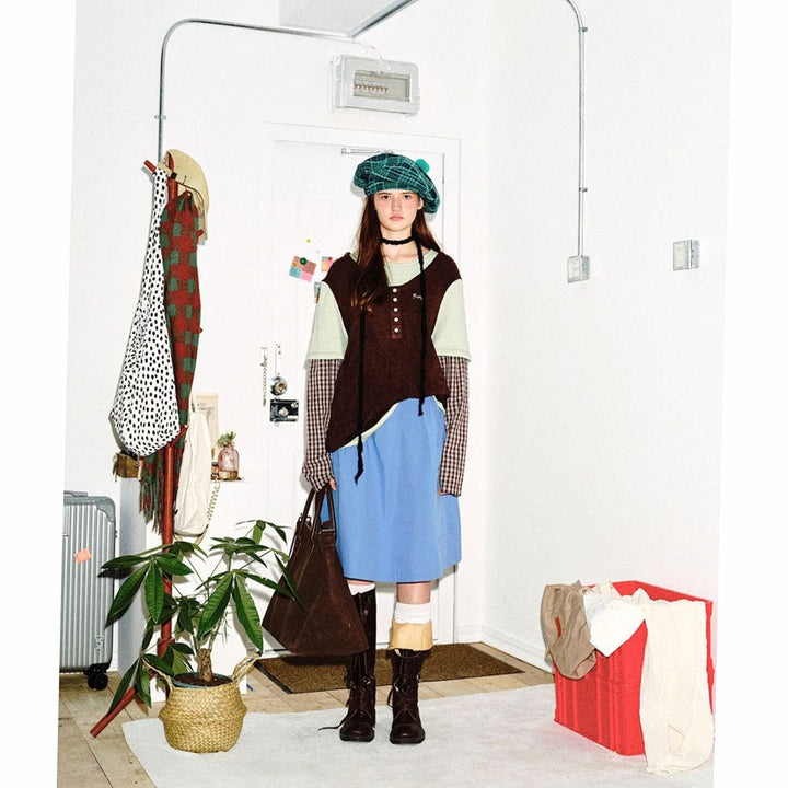 Women's Layered-Look Plaid-Cuff Henley Overshirt Top