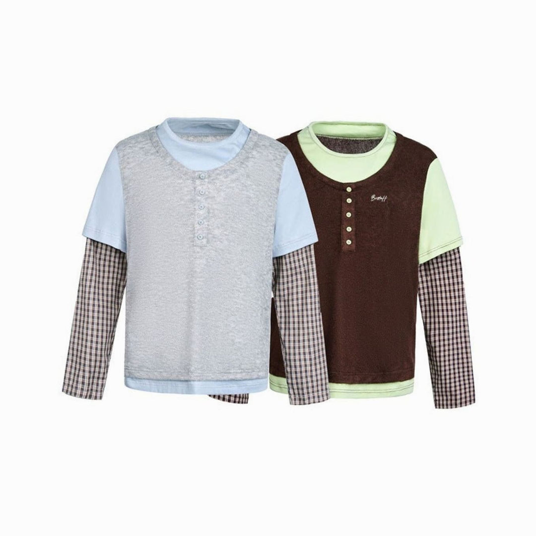 Women's Layered-Look Plaid-Cuff Henley Overshirt Top
