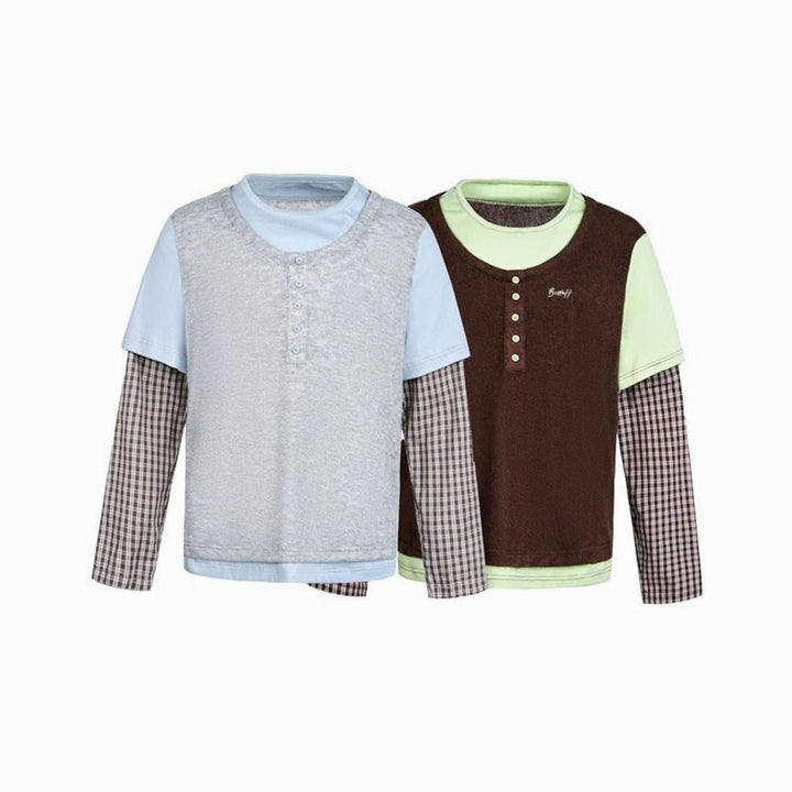 Women's Layered-Look Plaid-Cuff Henley Overshirt Top