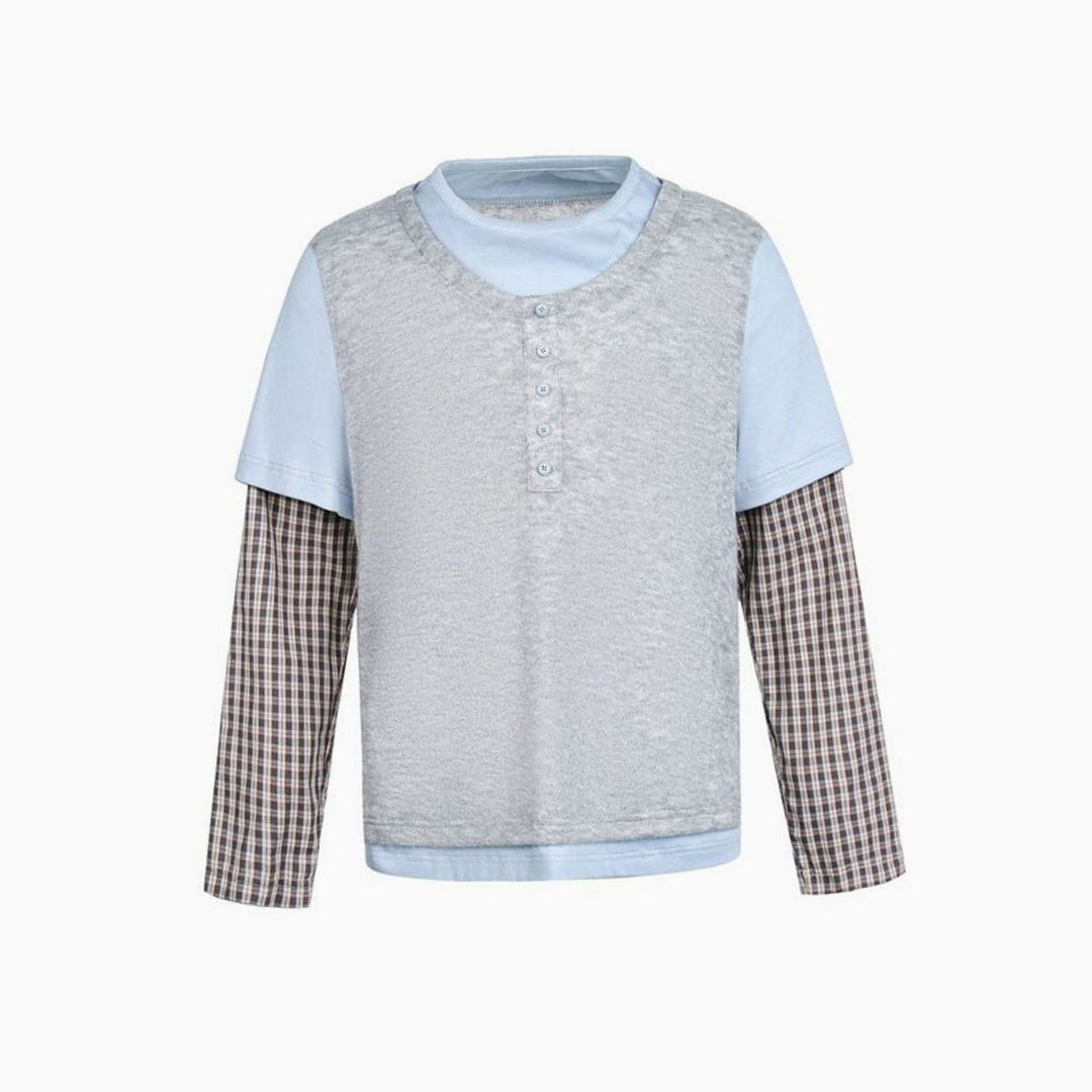 Women's Layered-Look Plaid-Cuff Henley Overshirt Top - Gray
