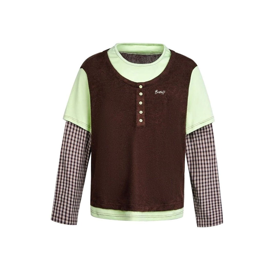 Women's Layered-Look Plaid-Cuff Henley Overshirt Top - Brown