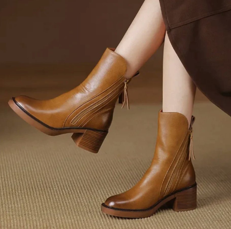 Women's Leather Side-Zip Block-Heel Ankle Boots - Brown