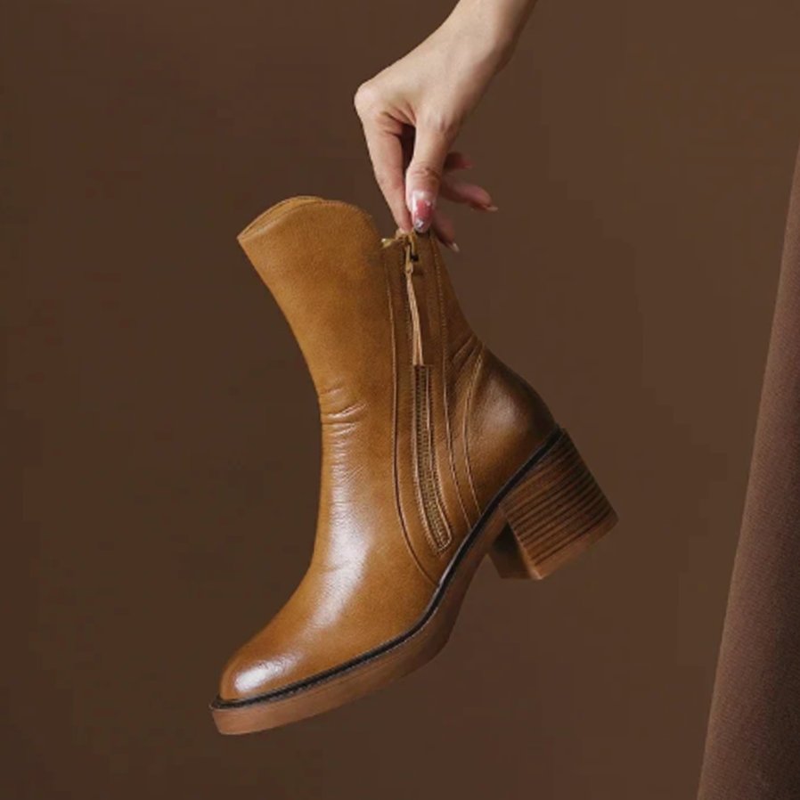 Women's Leather Side-Zip Block-Heel Ankle Boots