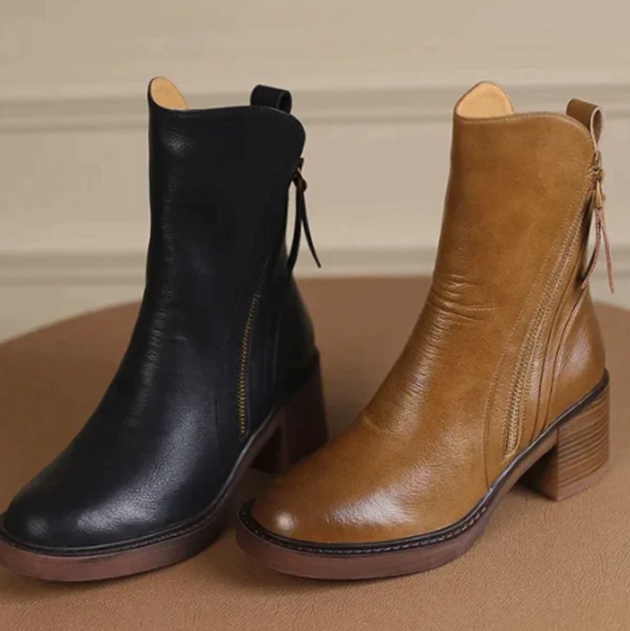 Women's Leather Side-Zip Block-Heel Ankle Boots