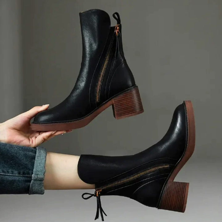 Women's Leather Side-Zip Block-Heel Ankle Boots - Black
