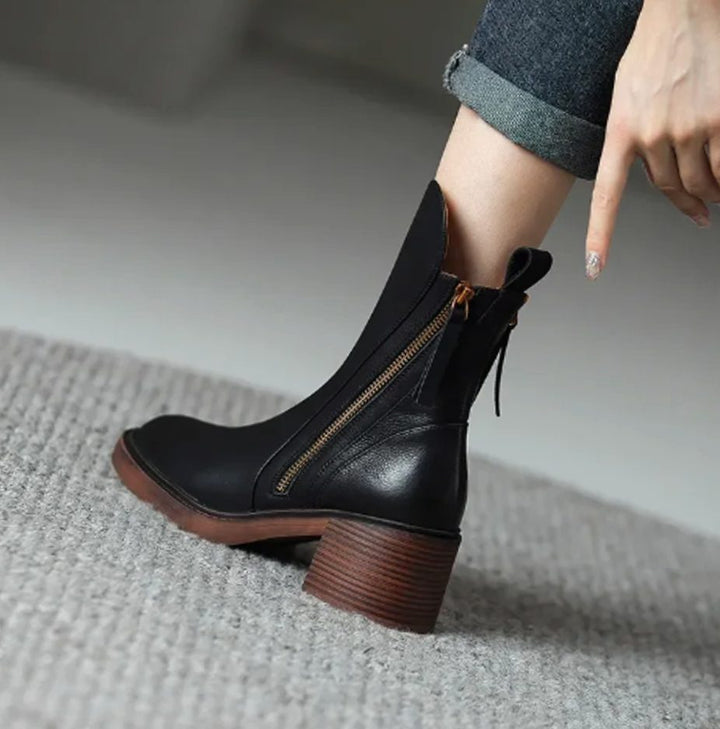 Women's Leather Side-Zip Block-Heel Ankle Boots