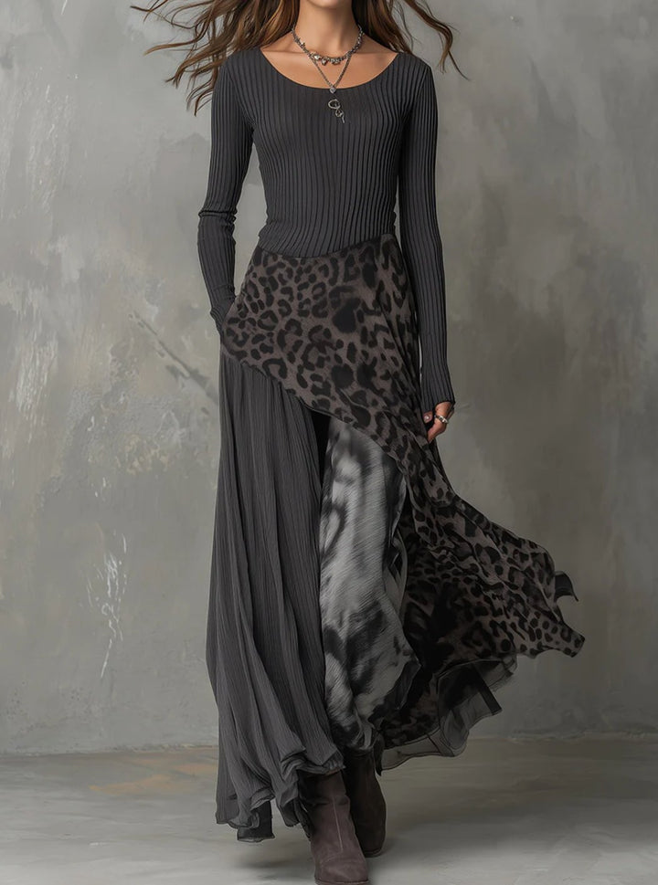 Women's Leopard Print Irregular Hem Pleated Maxi Skirt Dress - Gray