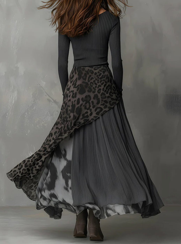 Women's Leopard Print Irregular Hem Pleated Maxi Skirt Dress