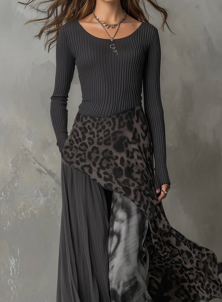 Women's Leopard Print Irregular Hem Pleated Maxi Skirt Dress