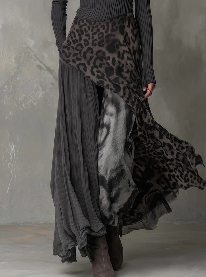 Women's Leopard Print Irregular Hem Pleated Maxi Skirt Dress