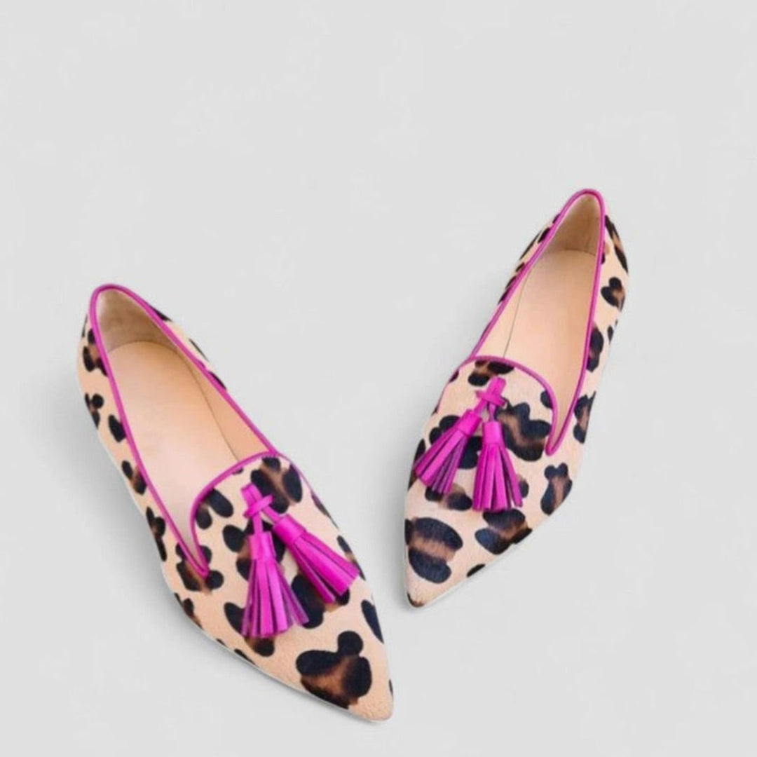 Women's Leopard Print Pointed-Toe Tassel Slip-On Loafers - Pink