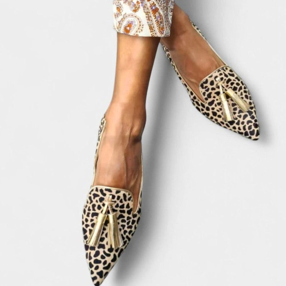 Women's Leopard Print Pointed-Toe Tassel Slip-On Loafers - Gold