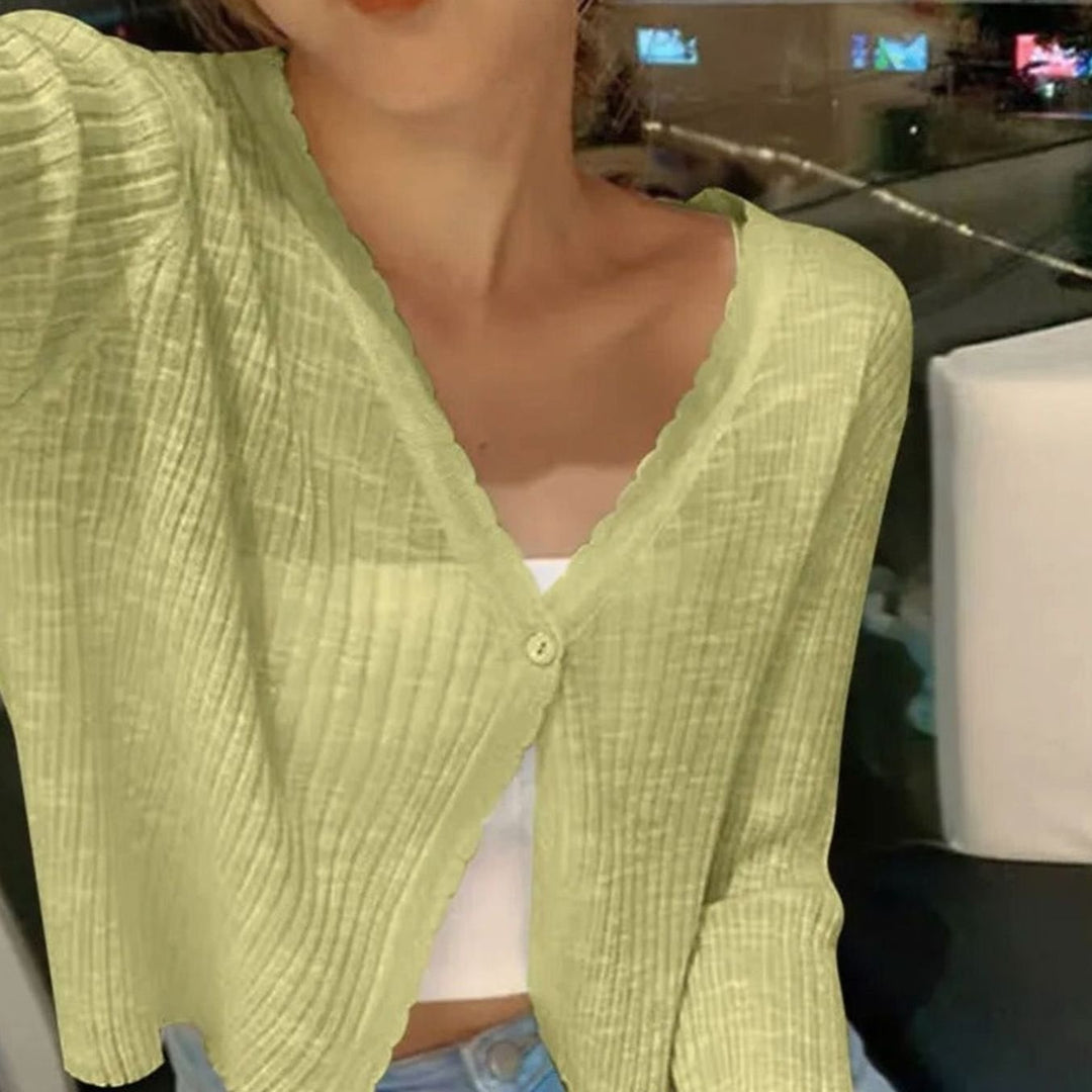 Women's Lightweight Ribbed Knit V-Neck Button-Front Cardigan - Green