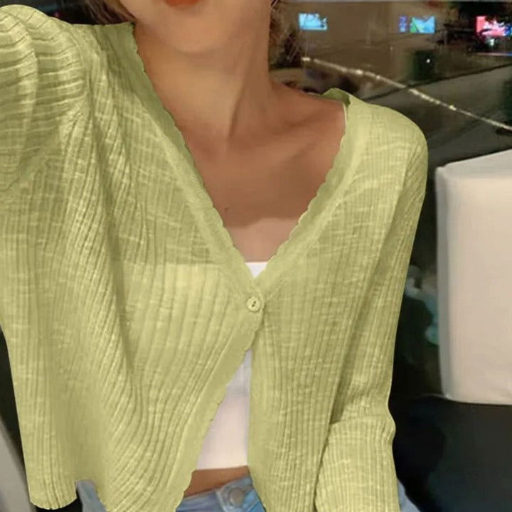 Women's Lightweight Ribbed Knit V-Neck Button-Front Cardigan - Green