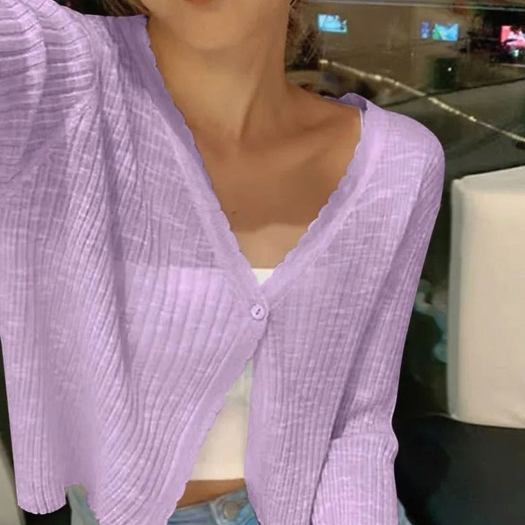 Women's Lightweight Ribbed Knit V-Neck Button-Front Cardigan - Purple