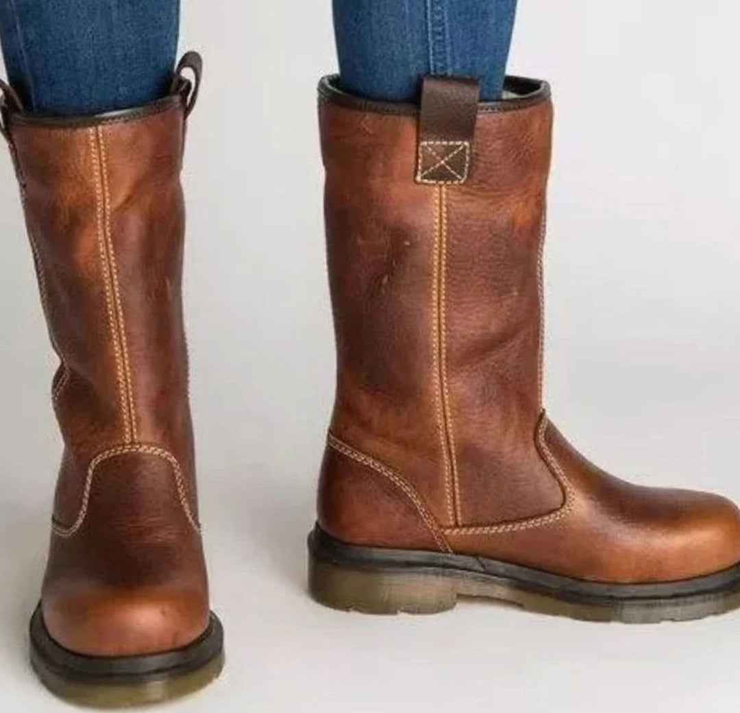 Women's Lined Leather Mid-Calf Winter Boots - Brown