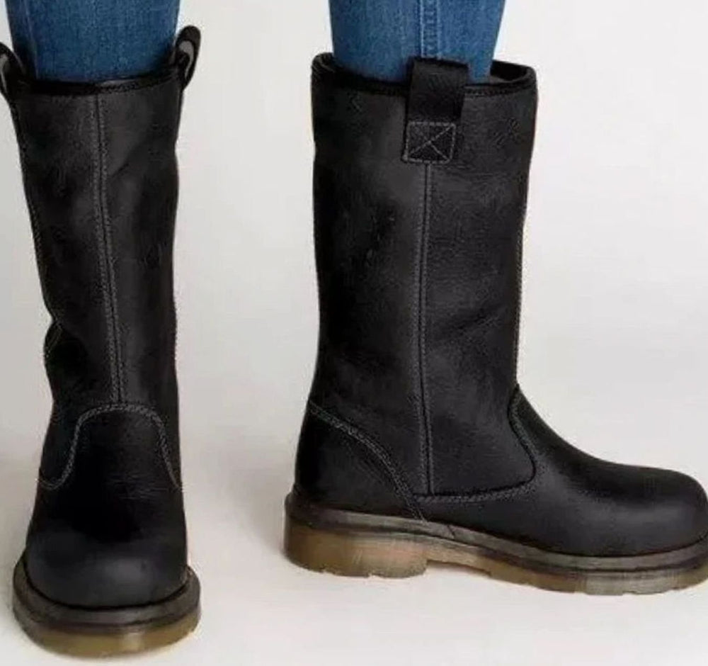 Women's Lined Leather Mid-Calf Winter Boots - Black