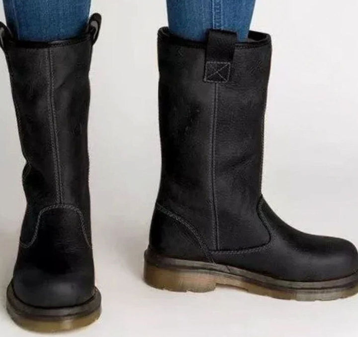 Women's Lined Leather Mid-Calf Winter Boots - Black