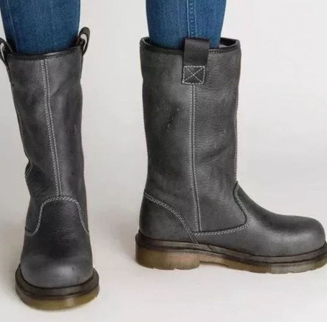 Women's Lined Leather Mid-Calf Winter Boots - Grey