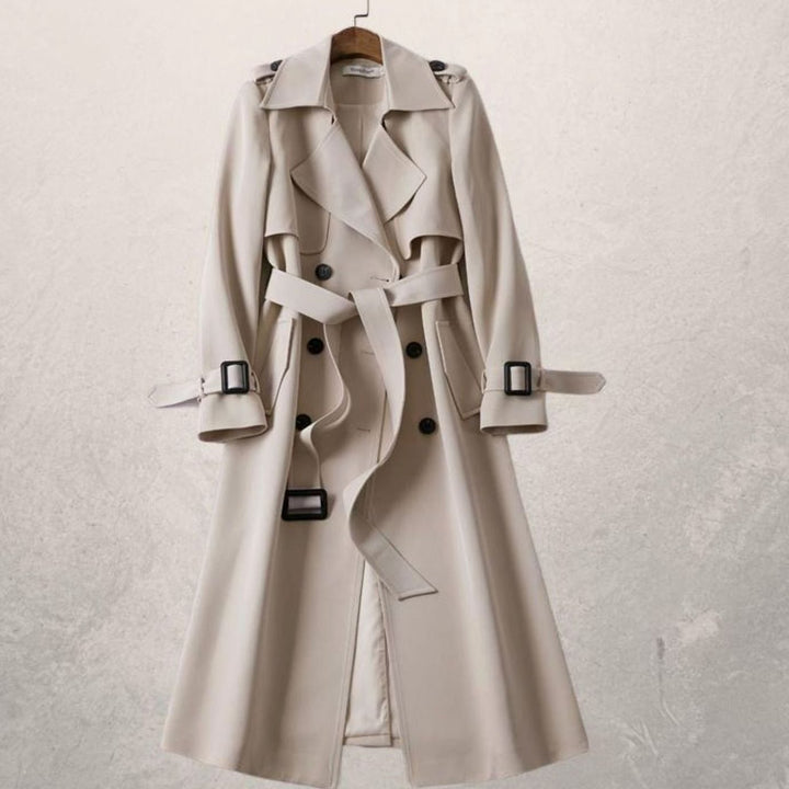 Women's Long Double-Breasted Belted A-Line Trench Coat - Beige