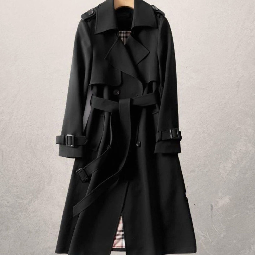 Women's Long Double-Breasted Belted A-Line Trench Coat - Black