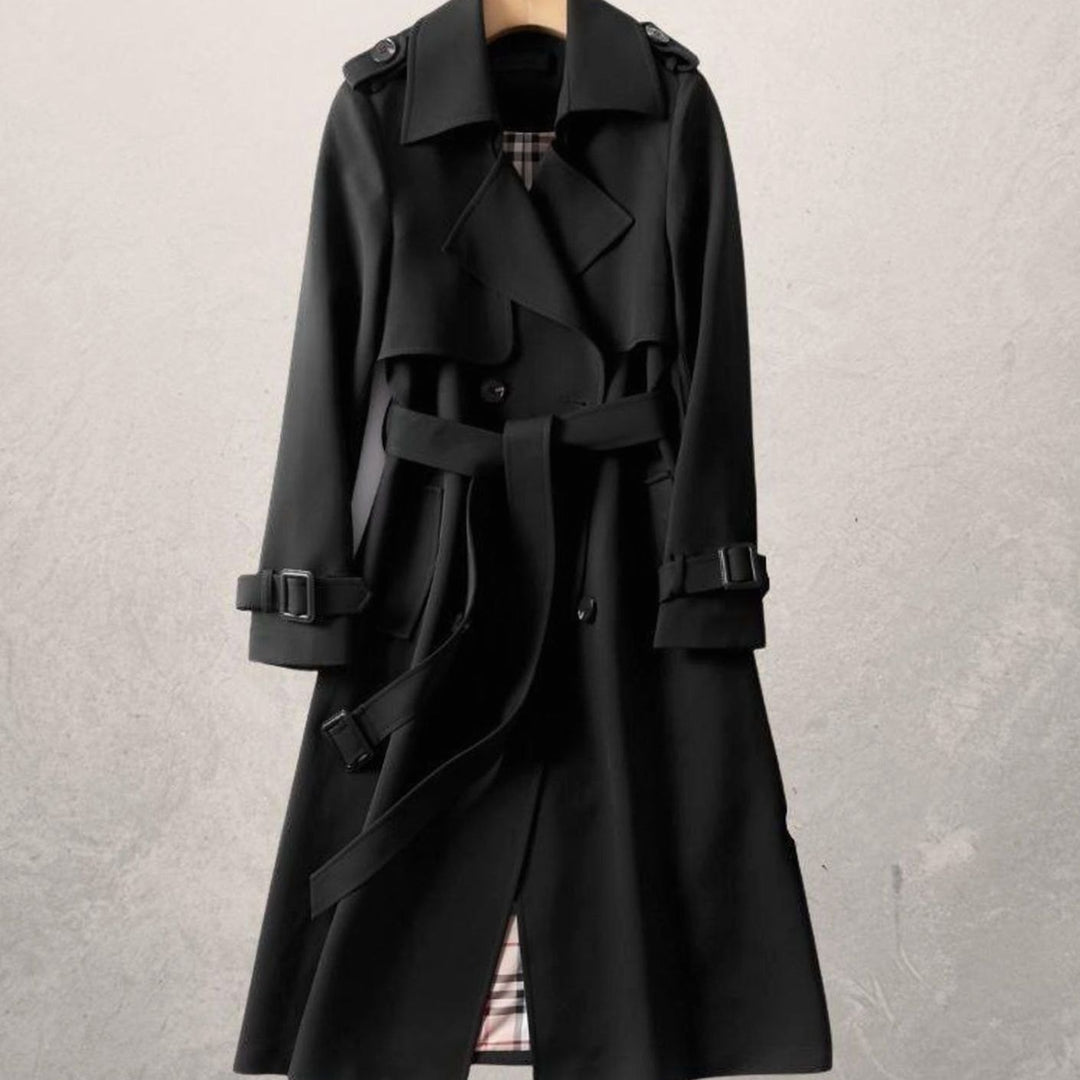 Women's Long Double-Breasted Belted A-Line Trench Coat - Black