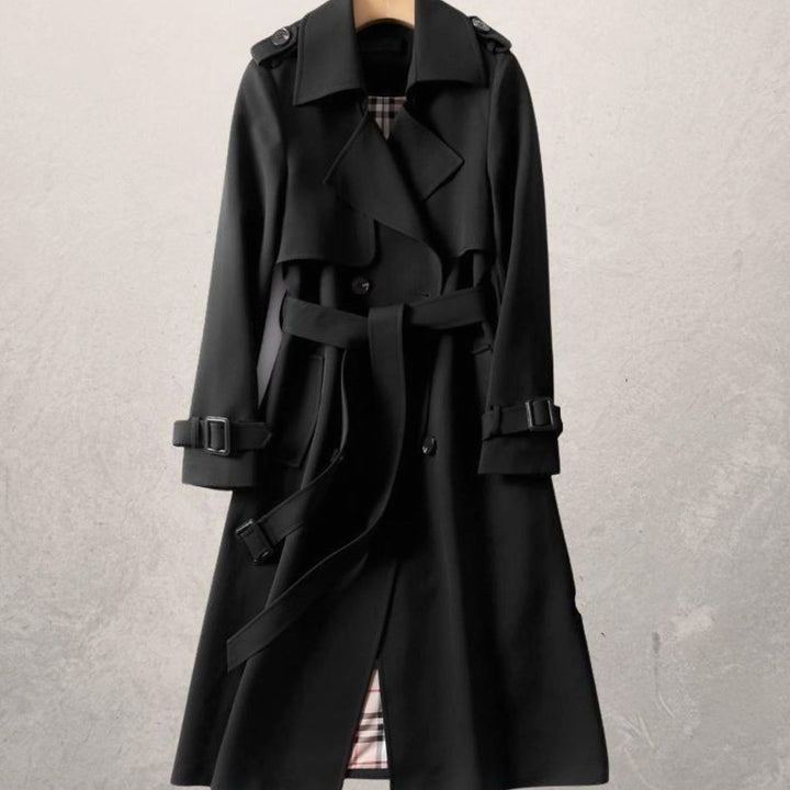 Women's Long Double-Breasted Belted A-Line Trench Coat - Black