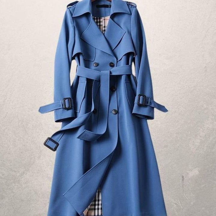 Women's Long Double-Breasted Belted A-Line Trench Coat - Blue