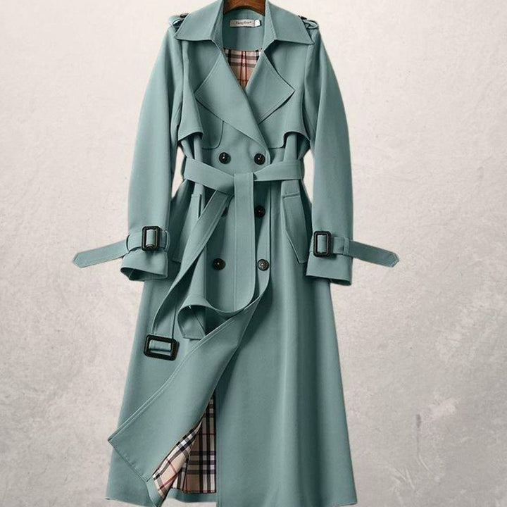 Women's Long Double-Breasted Belted A-Line Trench Coat - Green