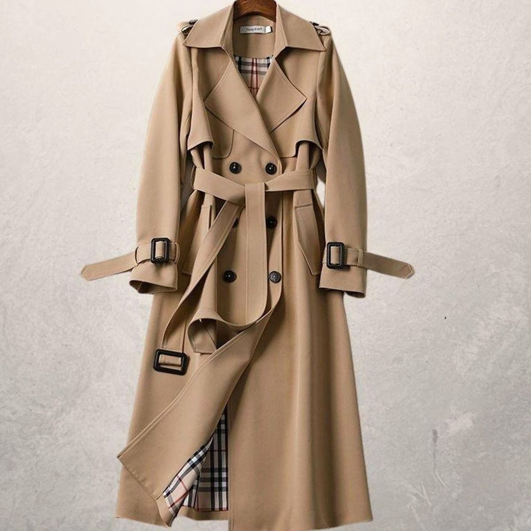 Women's Long Double-Breasted Belted A-Line Trench Coat - Khaki