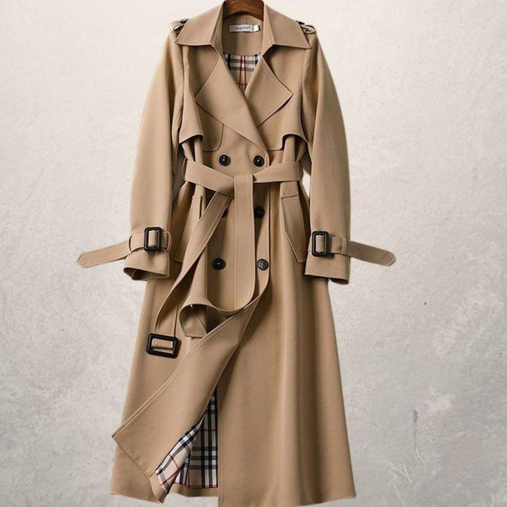 Women's Long Double-Breasted Belted A-Line Trench Coat - Khaki