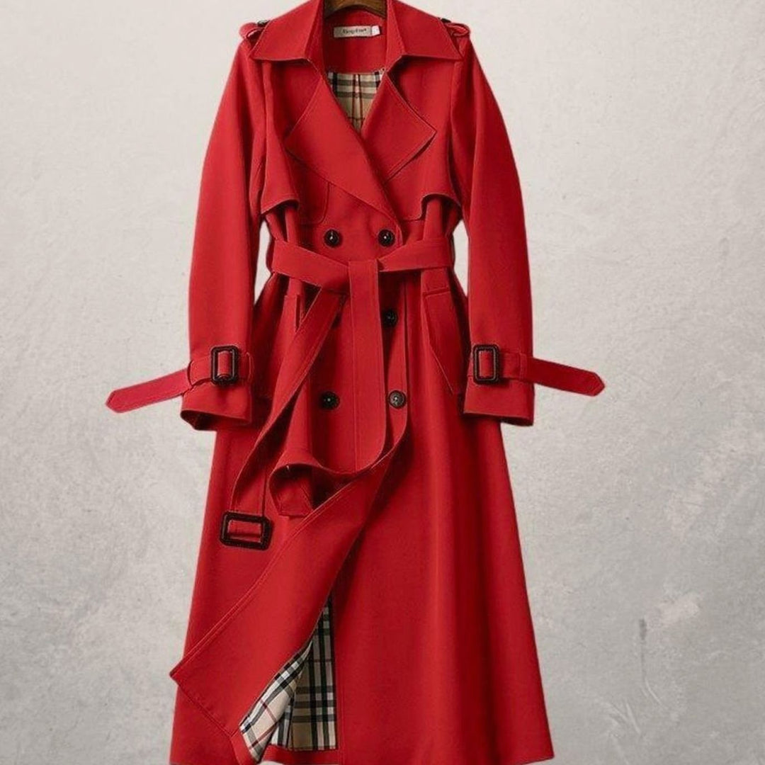 Women's Long Double-Breasted Belted A-Line Trench Coat - Red