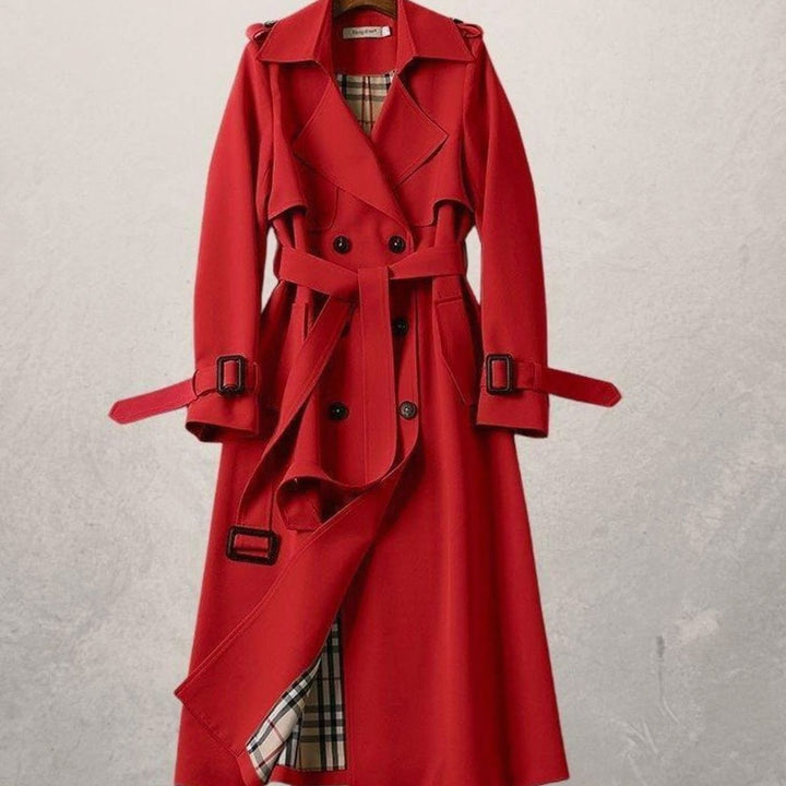 Women's Long Double-Breasted Belted A-Line Trench Coat - Red