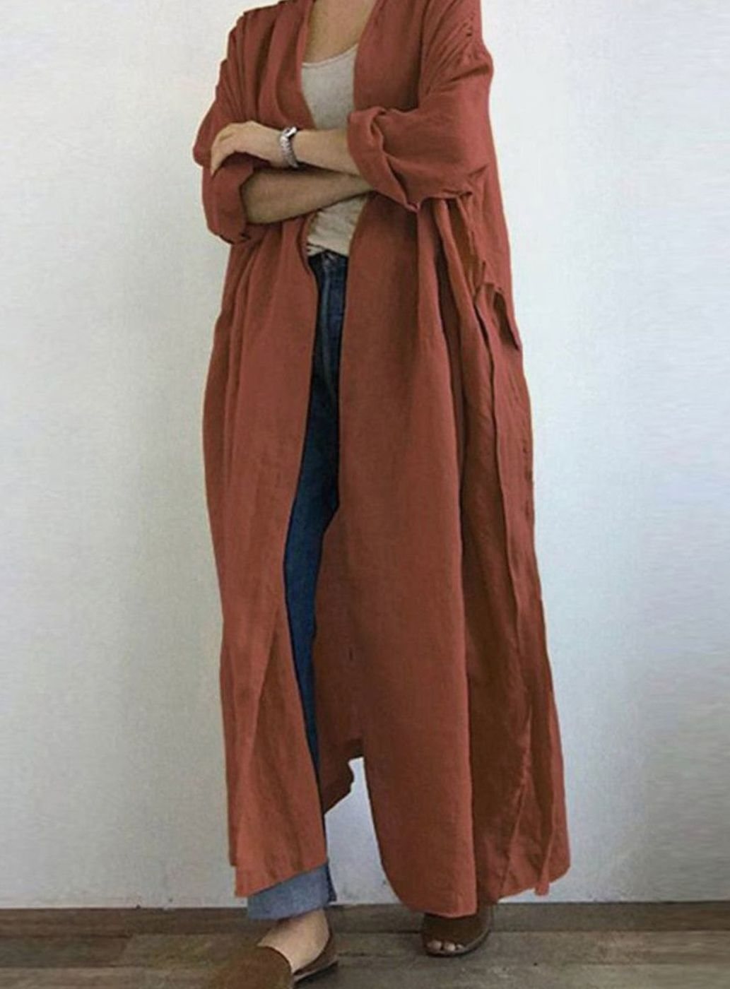 Women's Long Open Front Duster Oversized Cardigan - Coffee