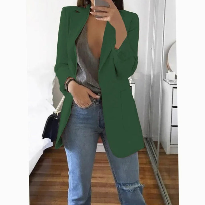 Women's Long Open-Front Structured Blazer Jacket - Dark Green