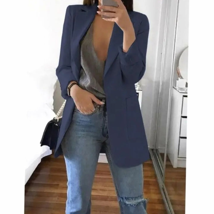 Women's Long Open-Front Structured Blazer Jacket - Navy Blue