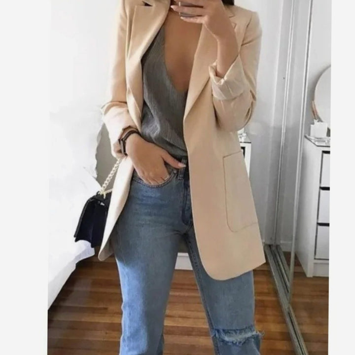 Women's Long Open-Front Structured Blazer Jacket - Beige