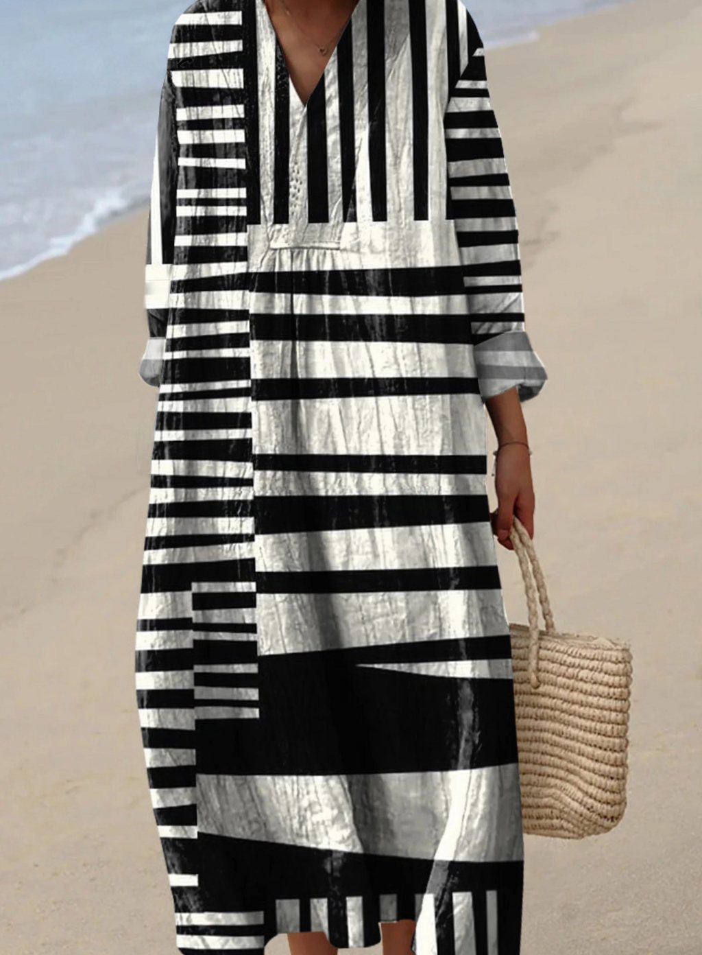 Women's Long Sleeve Abstract Striped V-Neck Midi Dress - Multicolor