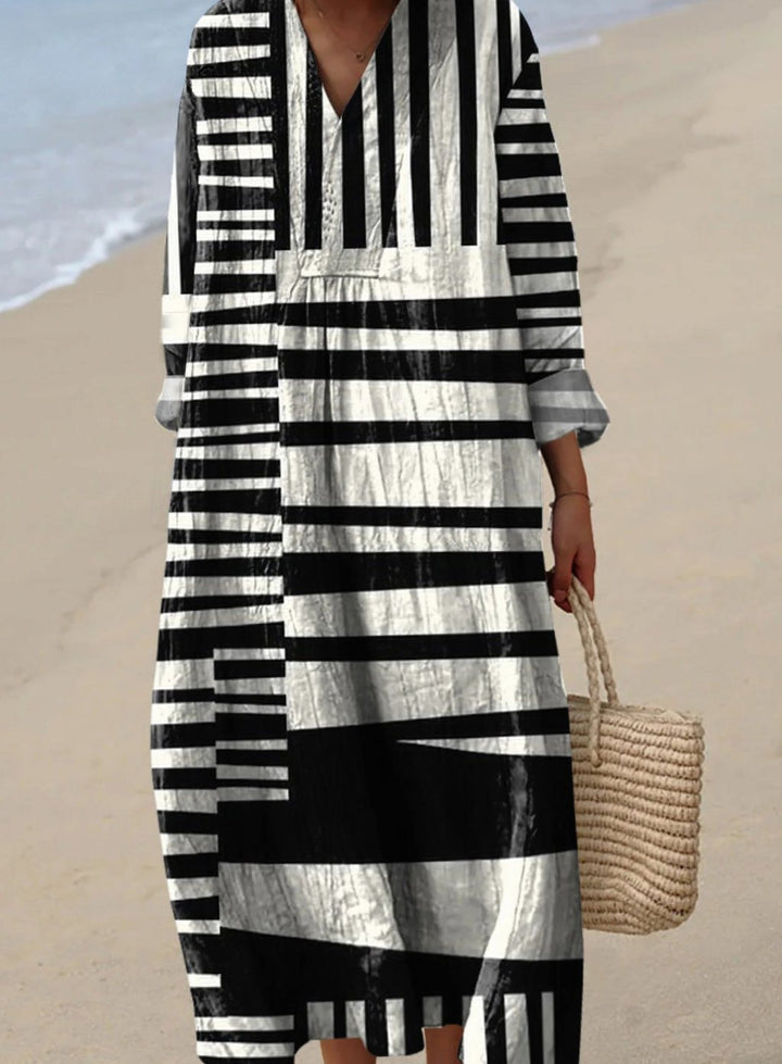 Women's Long Sleeve Abstract Striped V-Neck Midi Dress - Multicolor