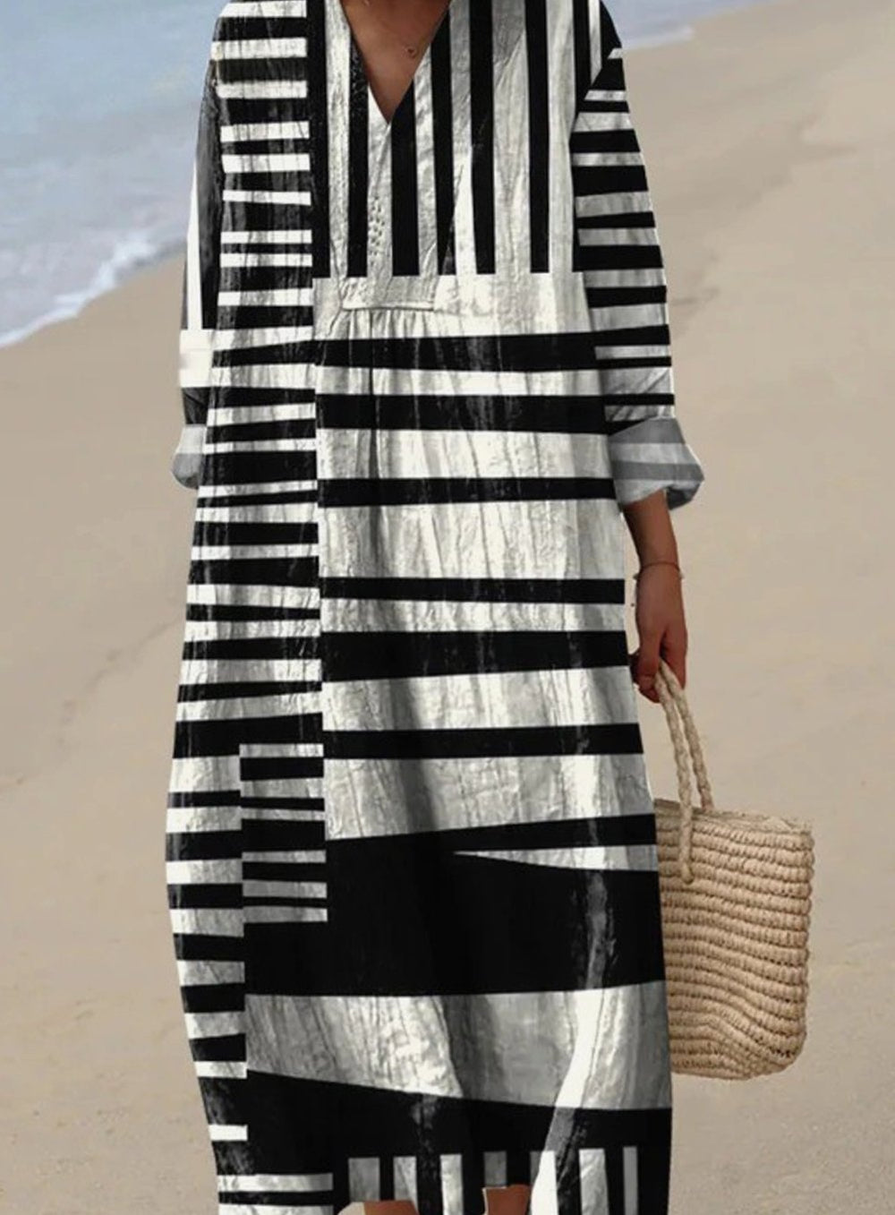 Women's Long Sleeve Abstract Striped V-Neck Midi Dress
