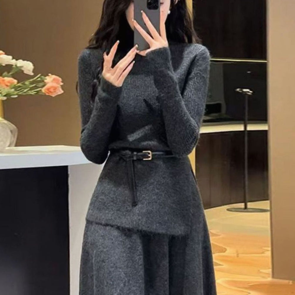 Women's Long Sleeve Asymmetric Hem Belted Knit Sweater Dress