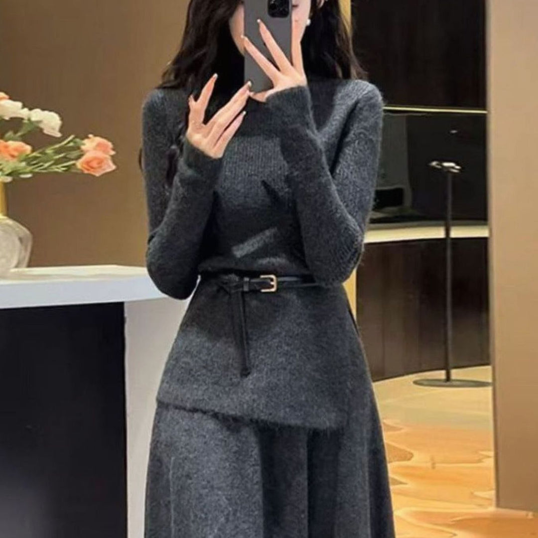 Women's Long Sleeve Asymmetric Hem Belted Knit Sweater Dress