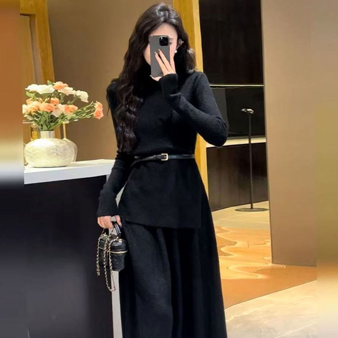 Women's Long Sleeve Asymmetric Hem Belted Knit Sweater Dress