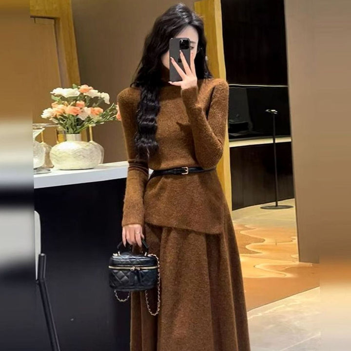 Women's Long Sleeve Asymmetric Hem Belted Knit Sweater Dress