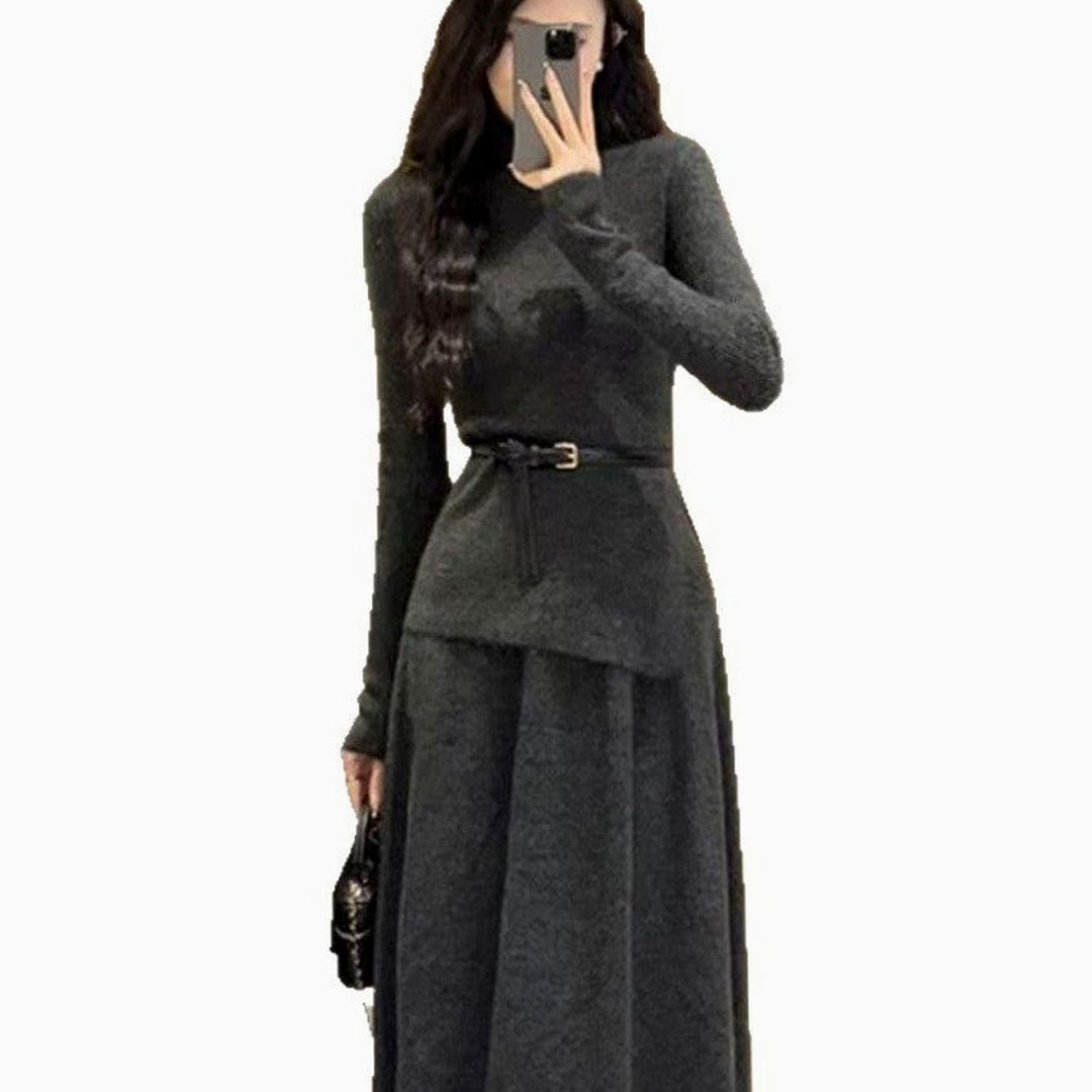 Women's Long Sleeve Asymmetric Hem Belted Knit Sweater Dress